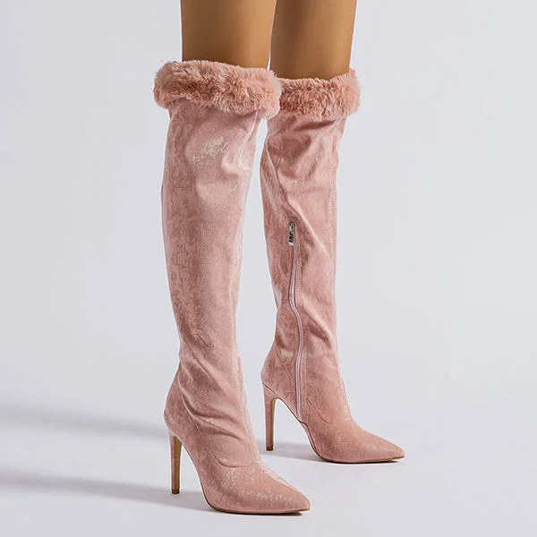 HUXM Elegant Pointed Toe High Heeled Suede Knee High Boots