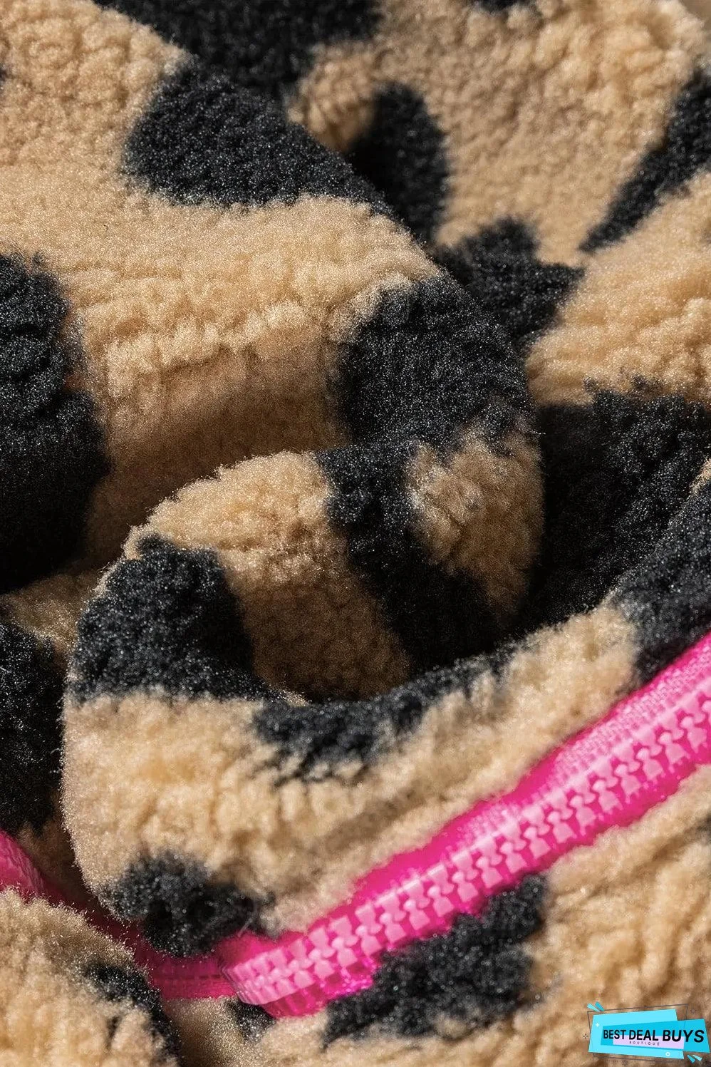 Leopard Colorblock Pocket Zipper Fuzzy Fleece Jacket