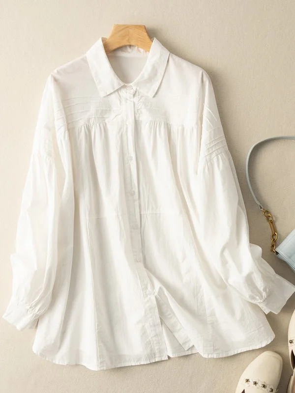 100% Natural Fabric Pleated Loose Shirt In Solid Color