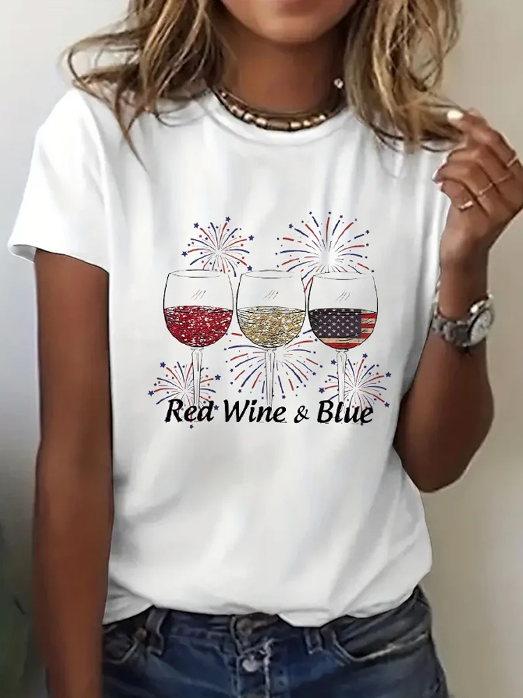 Comstylish Women's Red Wine And Blue Print Casual T-Shirt