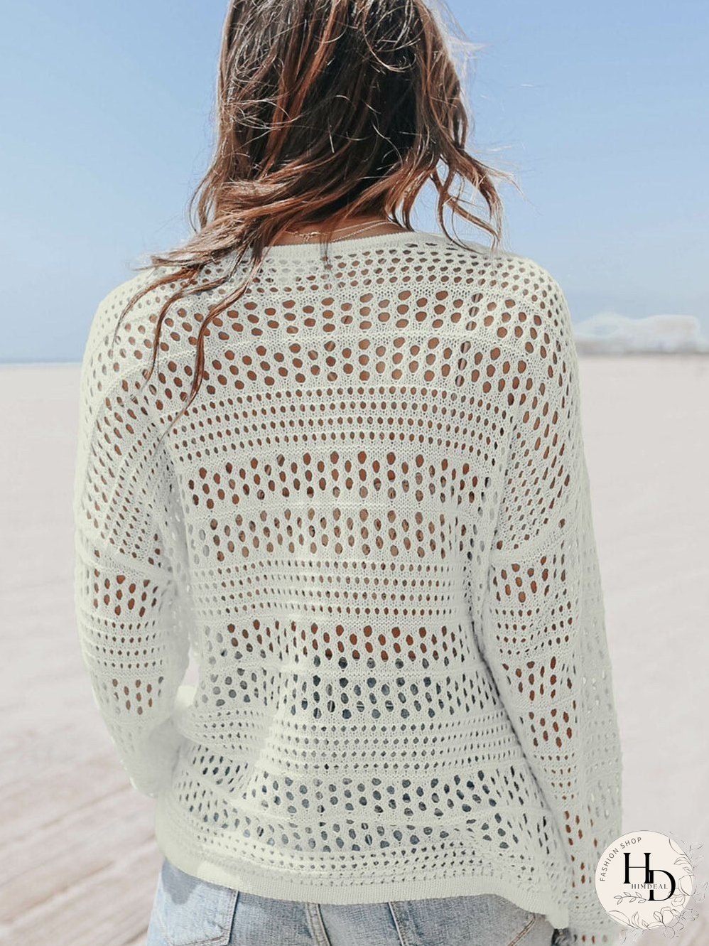 White Crochet V Neck Pullover Sweater with Hollow Out Detail