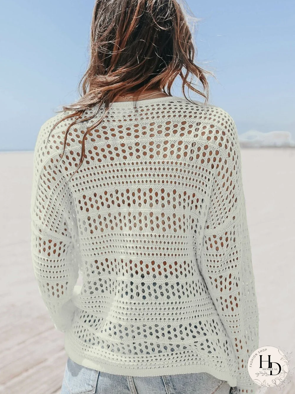 White Crochet V Neck Pullover Sweater with Hollow Out Detail