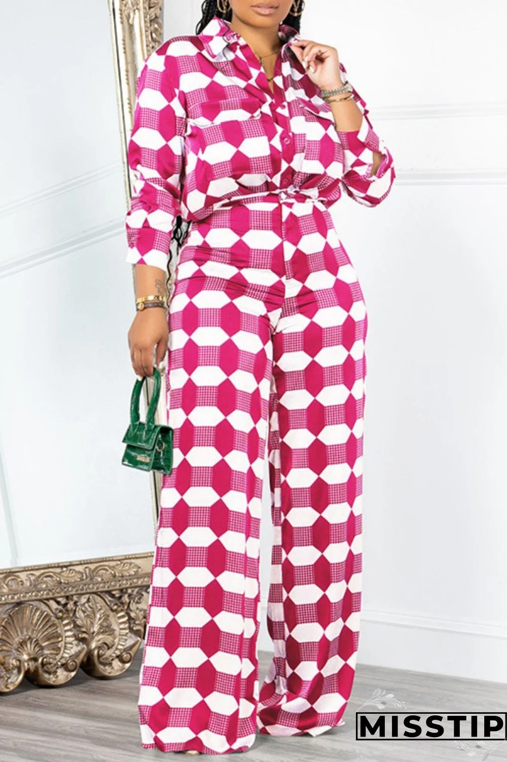 Rose Red Casual Print Patchwork Turndown Collar Long Sleeve Two Pieces