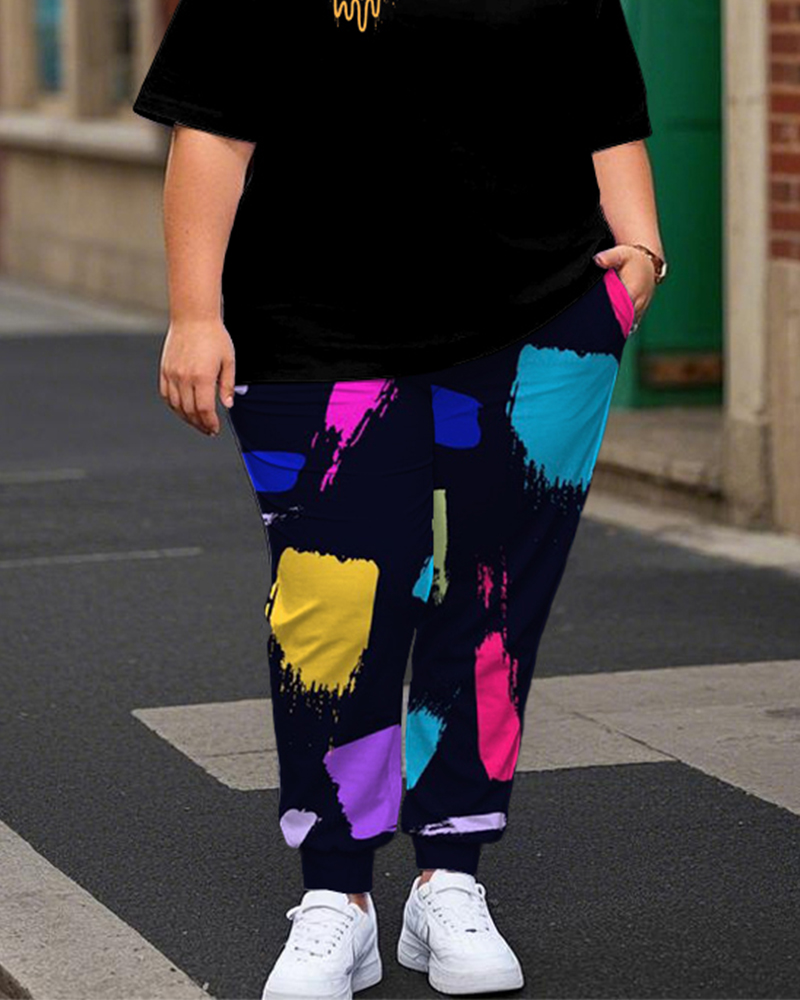 Women's Plus Size Smiley Face Print T-Shirt and Graffiti Trousers Suit