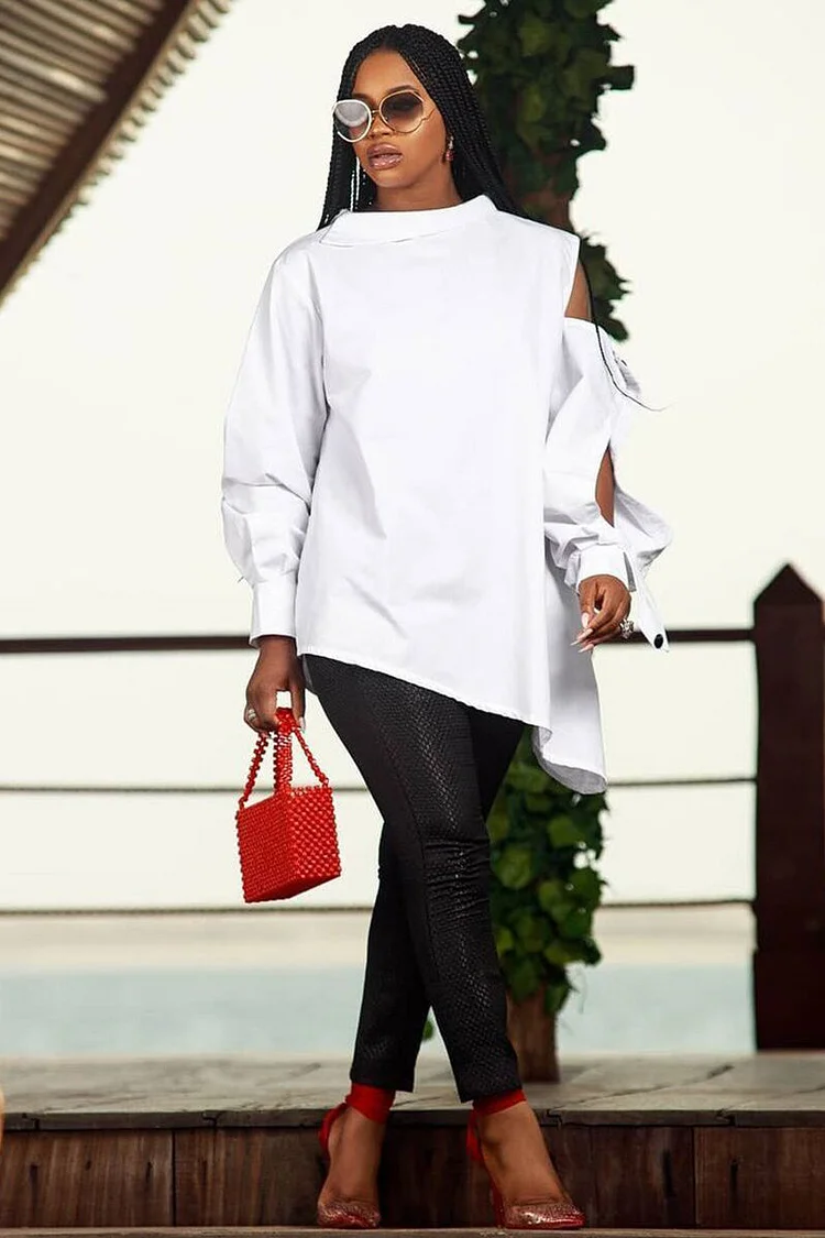 Cold Shoulder Long Sleeve Cut Out Stand Collar Loose Blouses