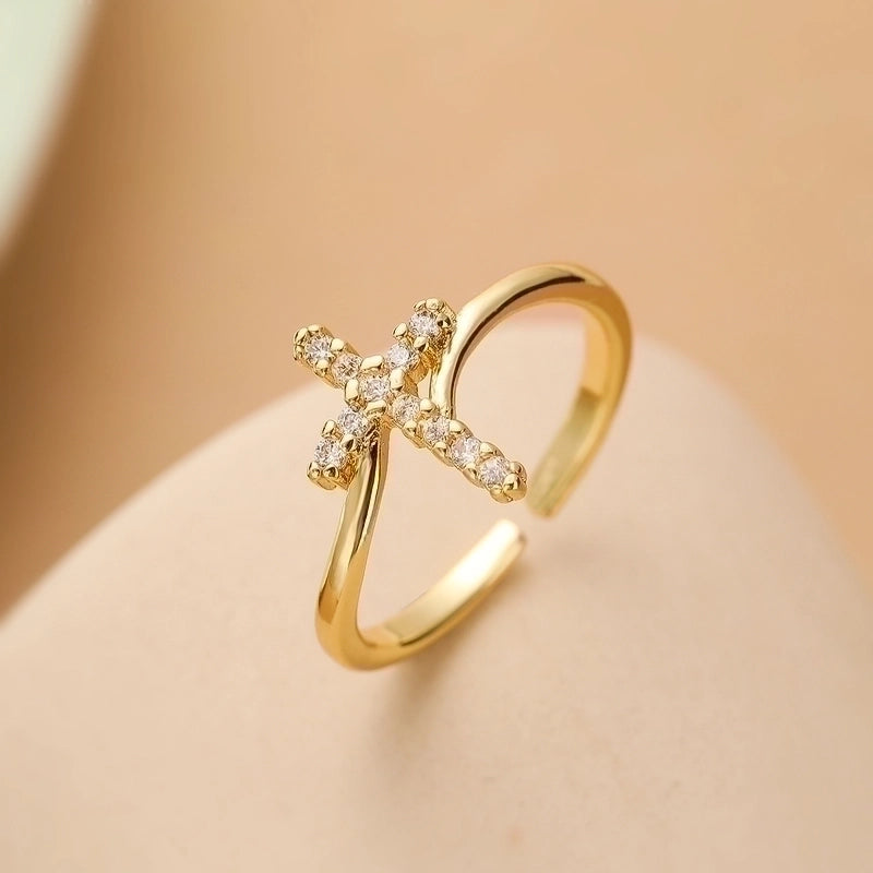 Minimalist Commute Cross Copper 18k Gold Plated Zircon Open Rings In Bulk