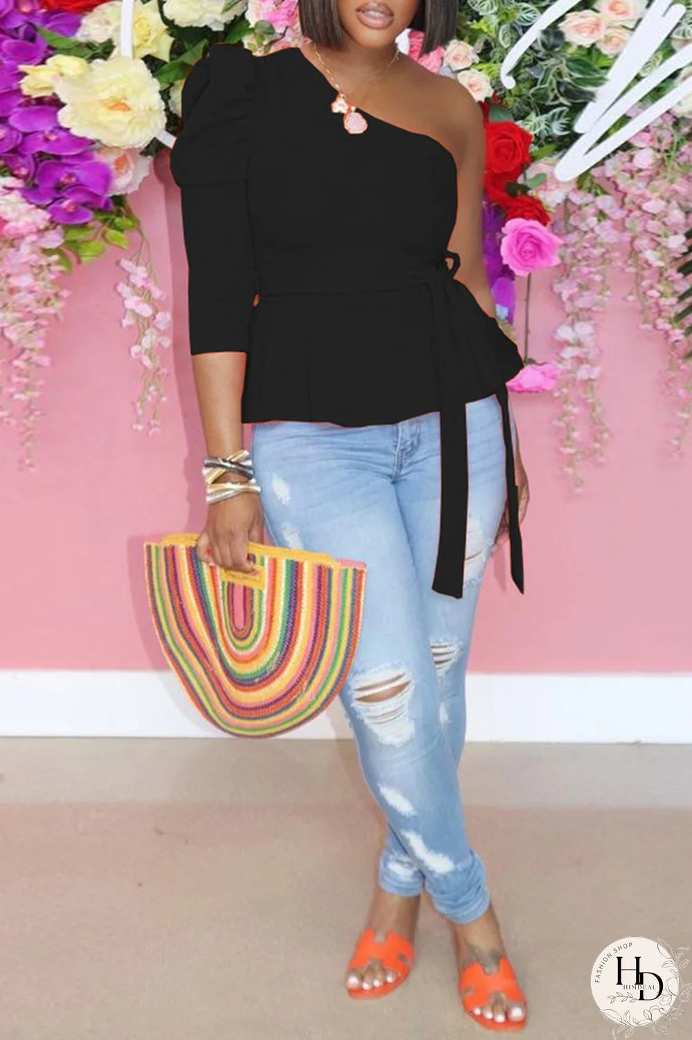 Black Fashion Casual Solid Backless Oblique Collar Tops