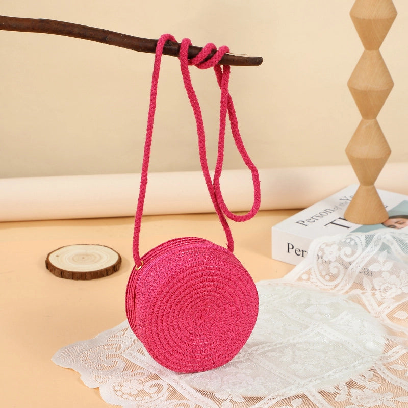 Girl’S Straw Solid Color Cute Round Zipper Shoulder Bag
