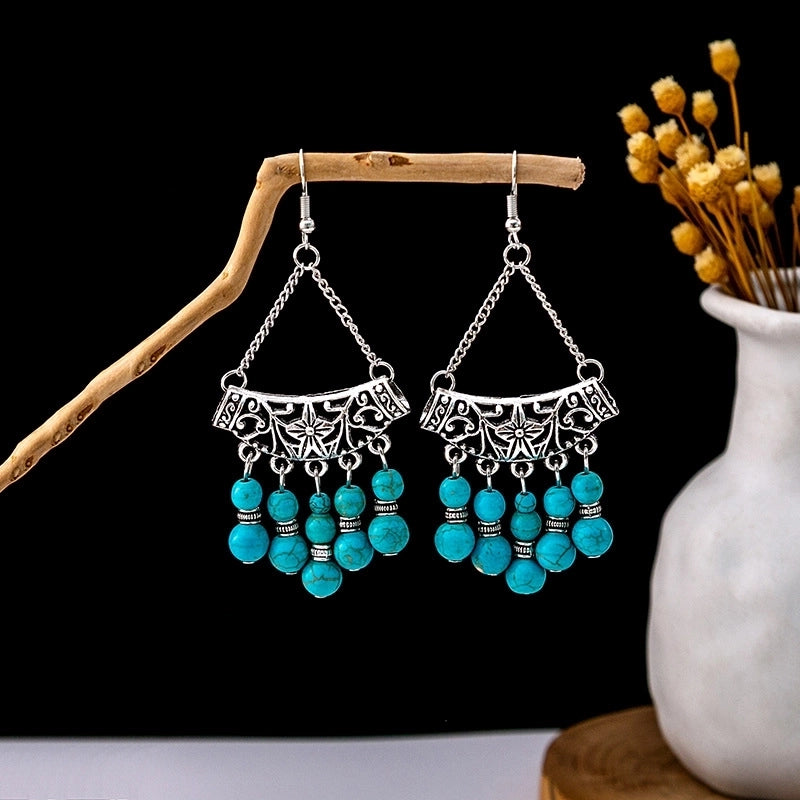 Bohemian Blue Turquoise National Style Earrings Imitation Miao Silver Metal Earrings Vintage Tassel Earrings