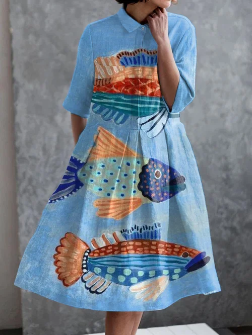 Holiday Ocean Fish Print Casual Pocket Half Sleeve Dress