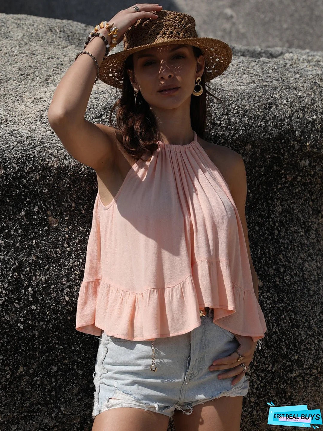 Ruched Peplum Round Neck Tank