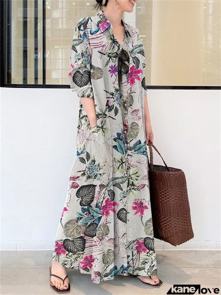 Linen Long Sleeve Printed Japanese And Korean Style Pockets Female Dress