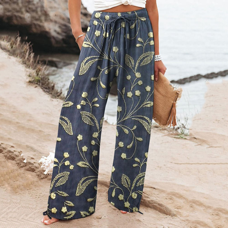 Casual Embroidery Flowers Printed Cotton Linen Wide Leg Pants
