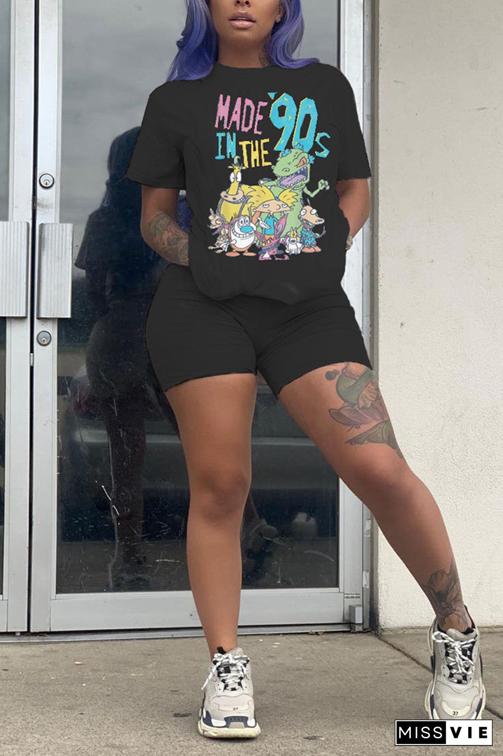 Fashion Casual Character Print Short Sleeve Two Pieces