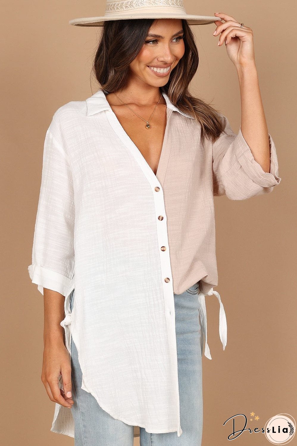 Three-Quarter Sleeve Linen Cotton Blend Top