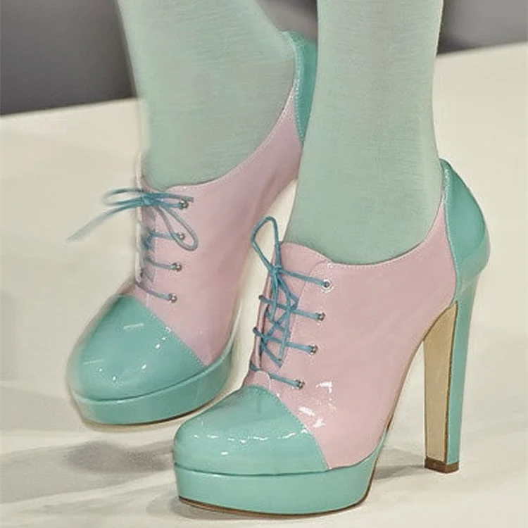 Pink and Turquoise Patent Leather Chunky Heel Platform Lace Up Boots |FSJ Shoes