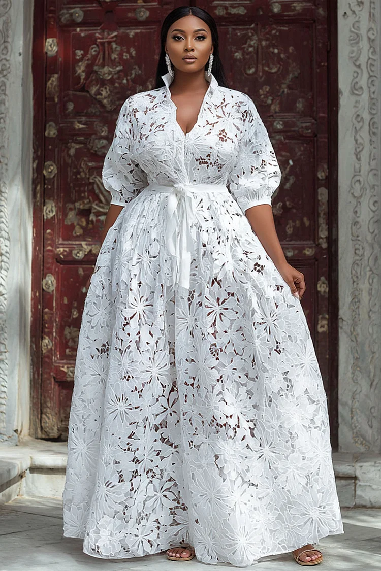 Xpluswear Design Plus Size Wedding White V Neck Puff Sleeve Short Sleeve See Through Maxi Dresses [Pre-Order] 2024 - Xpluswear