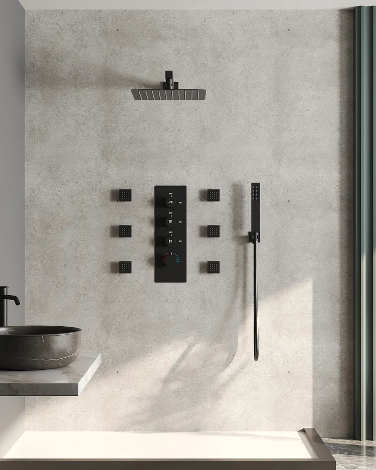 SFS1002-BK12 12" Rainfall Shower System with Body Jets - Luxury Thermostatic Shower Faucet Combo Kit