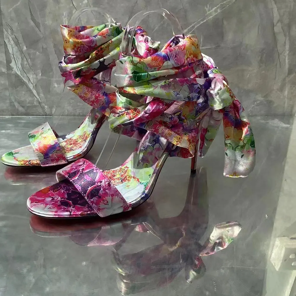 100mm Women's High Heels Fashion Floral Bow Ribbon Silk Red Bottom Sandals-vocosishoes