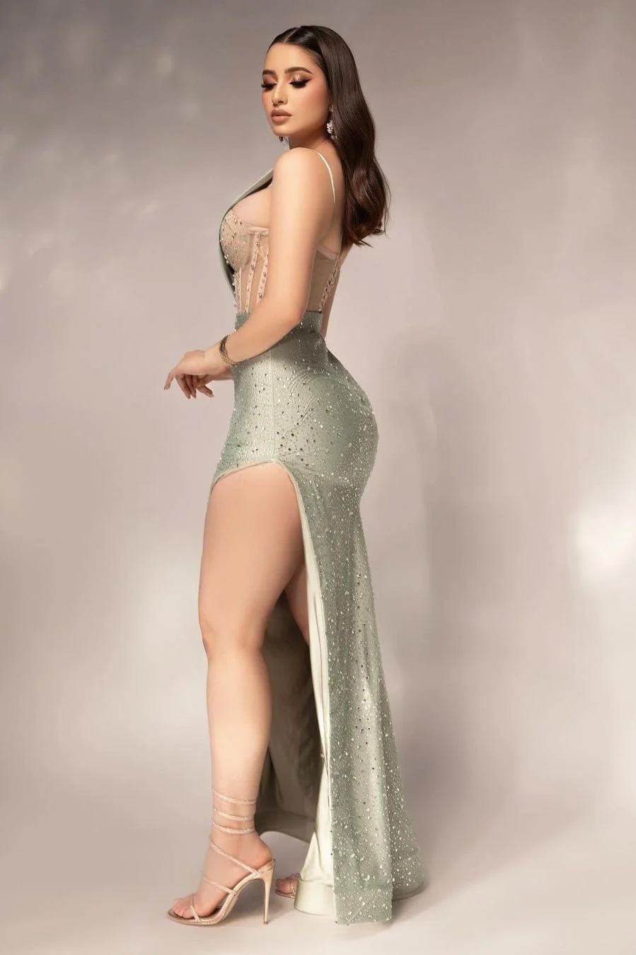 Daisda Shinning Mint Satin Sleeveless Sweetheart Beadings Prom Dress with High Split