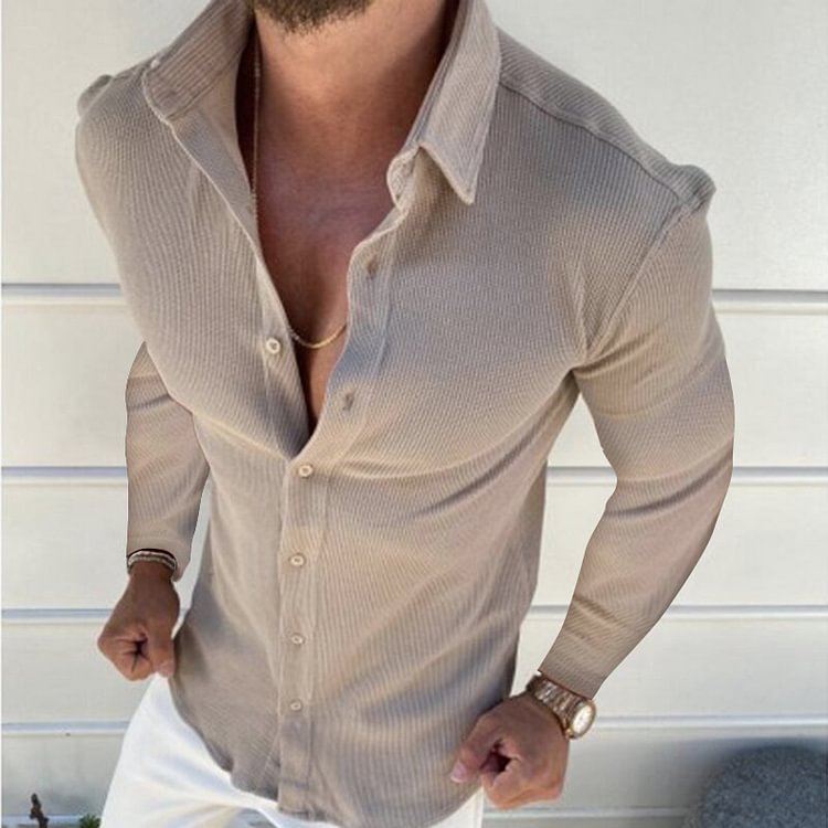 BrosWear Solid Color Slim Fit Button Lapel Long Sleeve Shirt
