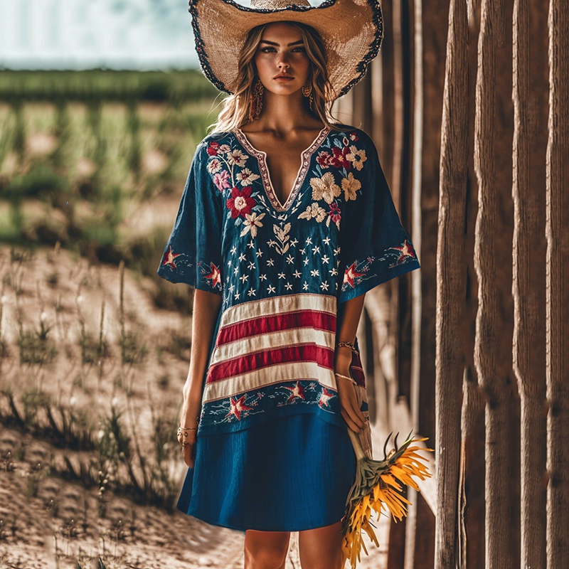 Comstylish Women's Boho Independence Day Flag Floral Art V Neck Casual Midi Dress
