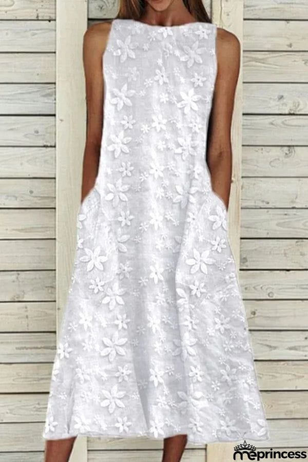 Round Neck Sleeveless Embroidered Casual Dress