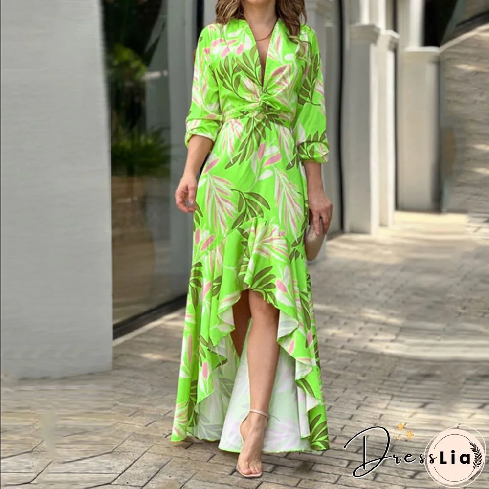 Ladies Elegant Floral Print Irregular Ruffle Dress Women High Street Party Shirt Maxi Dress New Fashion Lace-Up Slim Long Dress