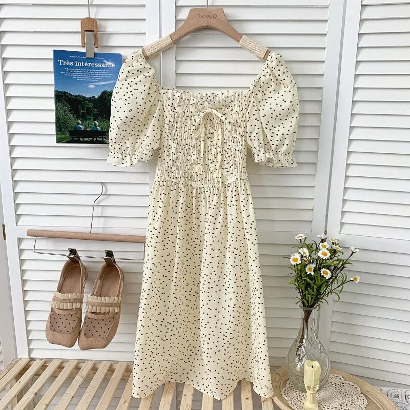 Croysier Summer Dress 2021 Frill Edge Square Neck Tie Polka Dot Dress Women Short Puff Sleeve Shirred Casual Mini Dress Sundress