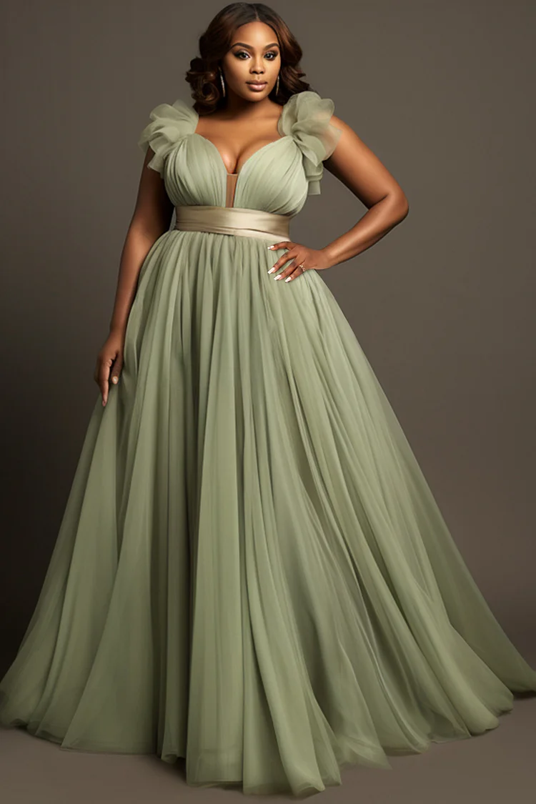 Xpluswear Design Plus Size Formal Sage Green Elegant Puff Sleeve Short Sleeve Tulle Maxi Dresses [Pre-Order] 2024 - Xpluswear