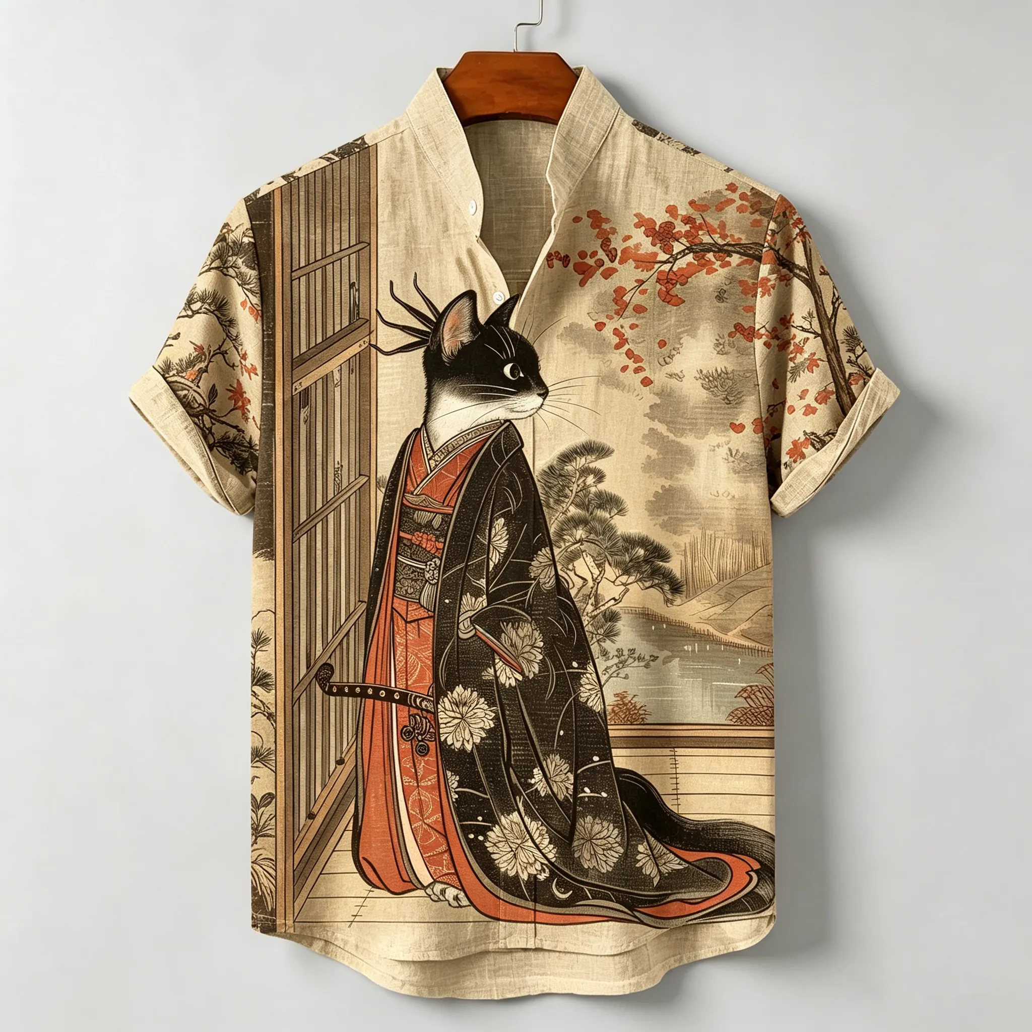Men's Retro Japanese Cat Print Casual Short-sleeve Cotton Linen Shirt  artssus