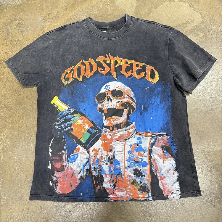 Vintage Skeleton Creative Pattern Washed T-shirt