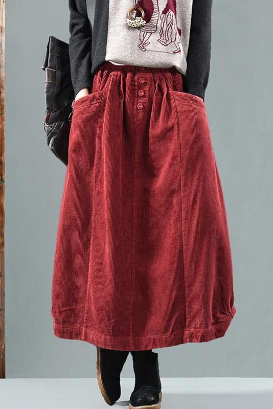 Limited Stock- Elastic Waist Calf Length Spring Corduroy Skirt