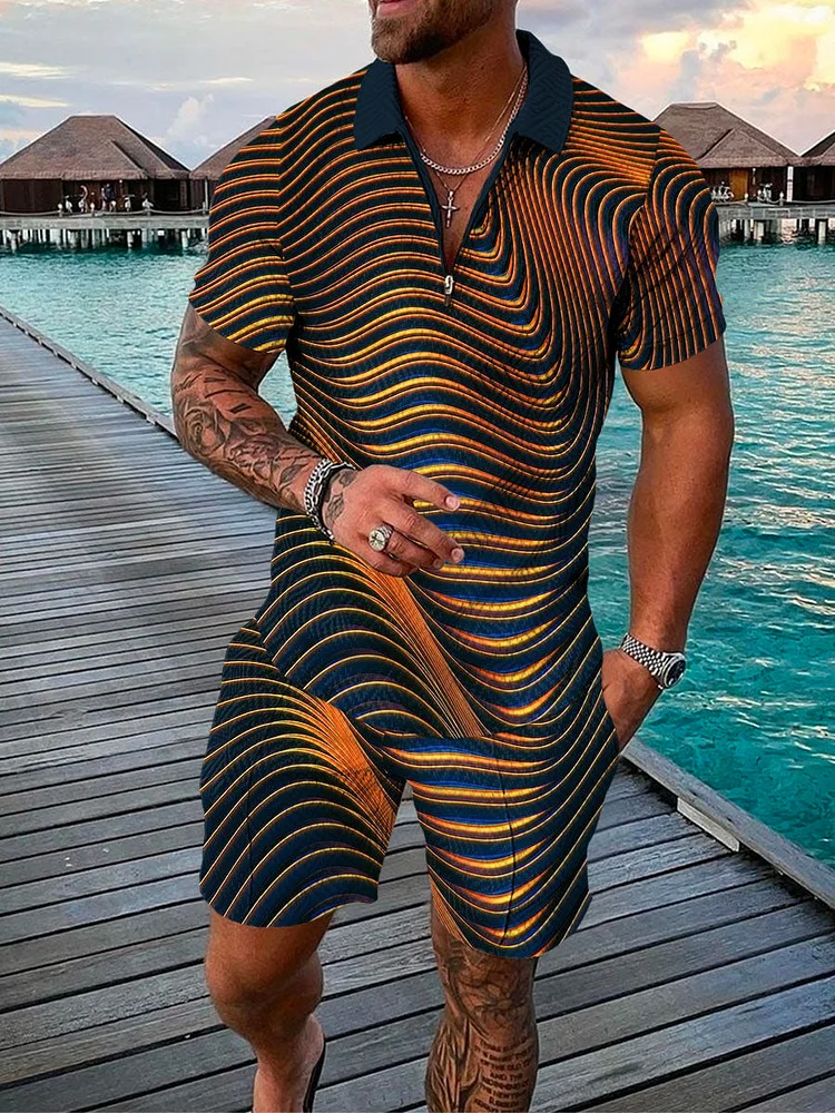 Men's Blue Gold Retro Gradient Printing Polo Suit