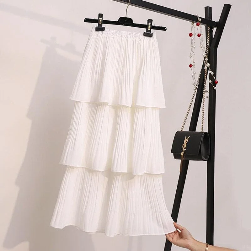 2020 3 Layered Women Skirt Black White Korean Style Long Skirt Summer Pleated Skirt Chiffon layer cake sun skirt female