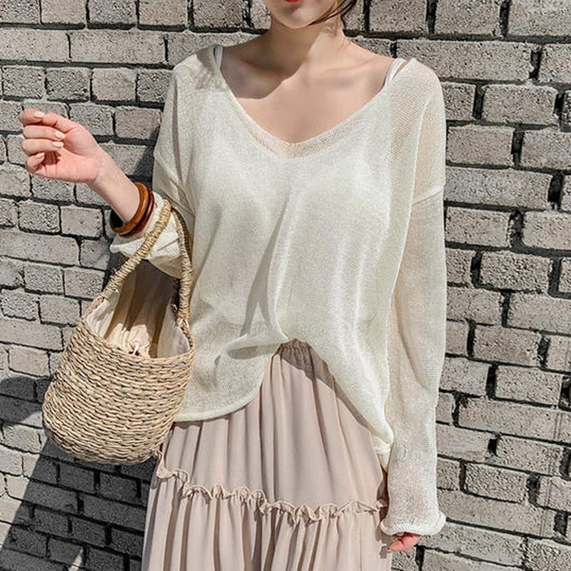 Blusas 2021 Spring Summer Autumn Thin Sexy Women Tops Blouse V-neck Pullover Tops Solid Korean Loose Sunscreen New Lady Clothes