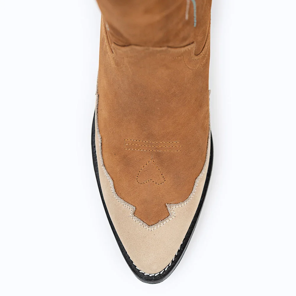 Beige & Brown Closed Toe Patchwork Cowgirl Boots with Flower Inlay