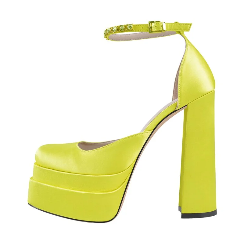 Onlymaker Square Toe Sandals Platform Thick High Heels Solid Mixed Colors Crystal Buckle Stain Sandals Graceful Women Pumps