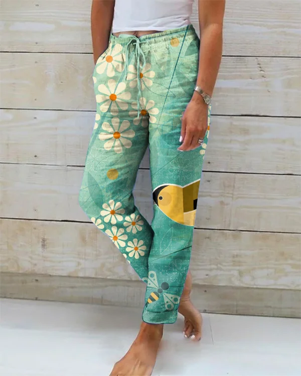 Vintage Bird and Floral Art Print Loose Pants