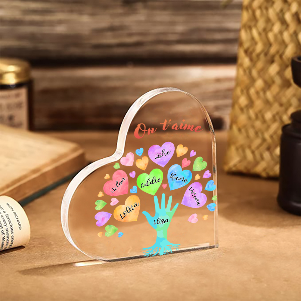 Plaque Acrylique en Forme de Cœur 7 Prénoms Personnalisés avec Texte pour Famille