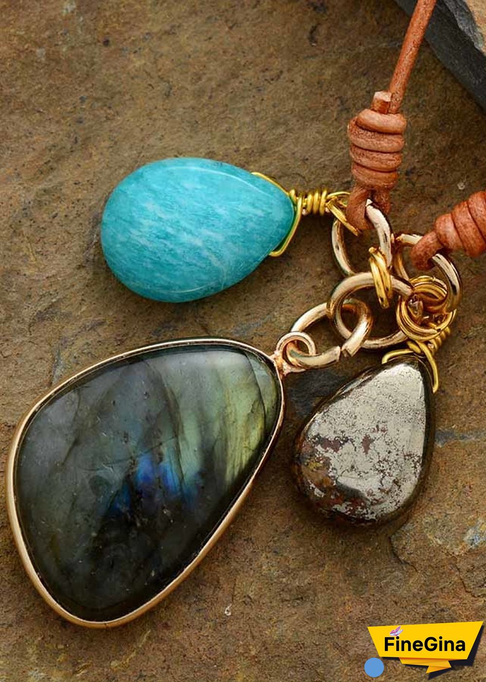 Boho Necklace, Labradorite Amazonite Leather Pendant Necklace
