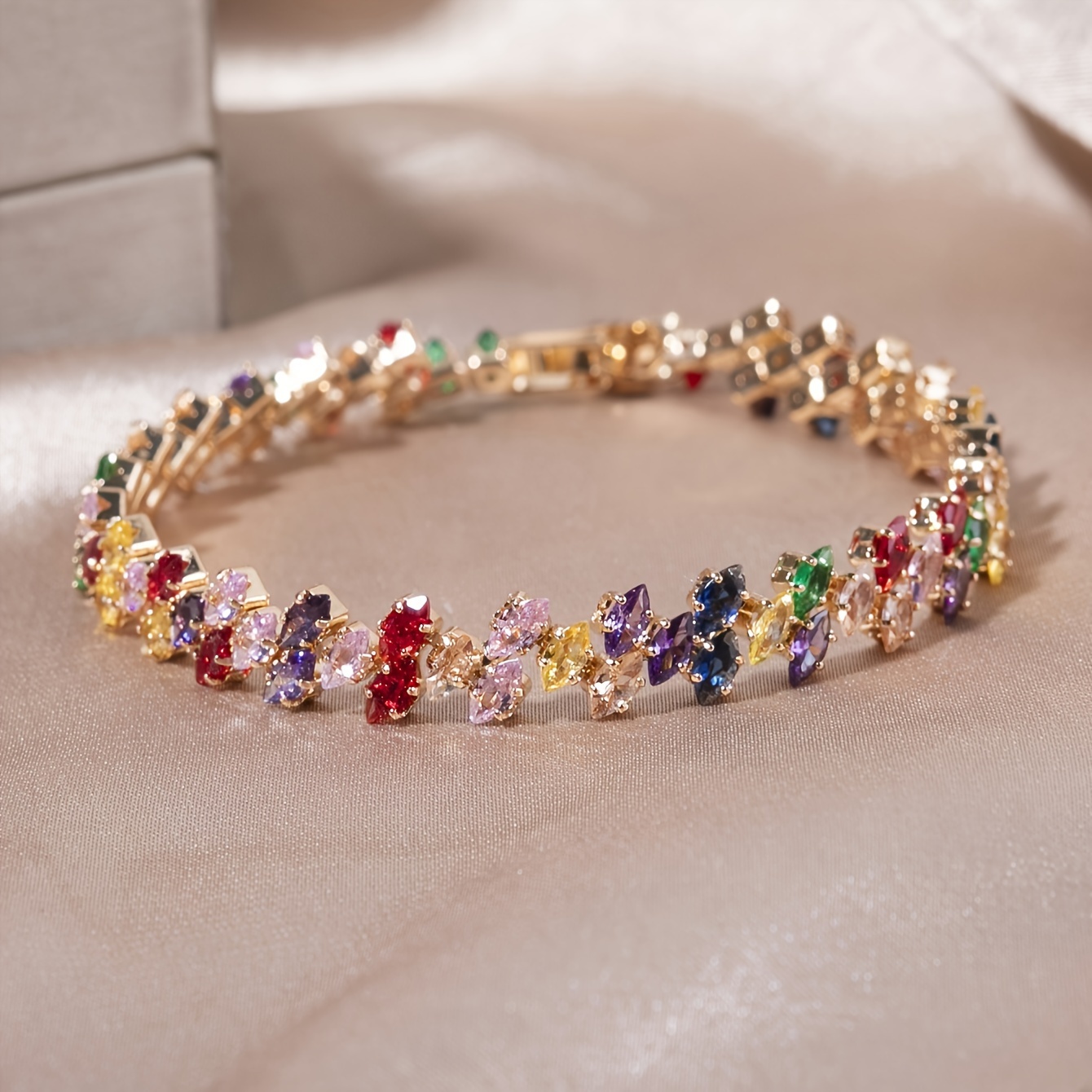 1pc Boho Elegant Copper Bracelet with Multicolor Glass Gemstones, Women'S Chain Link Watch Band, Versatile Jewelry for Daily Wear and Parties, All-Season Accessory