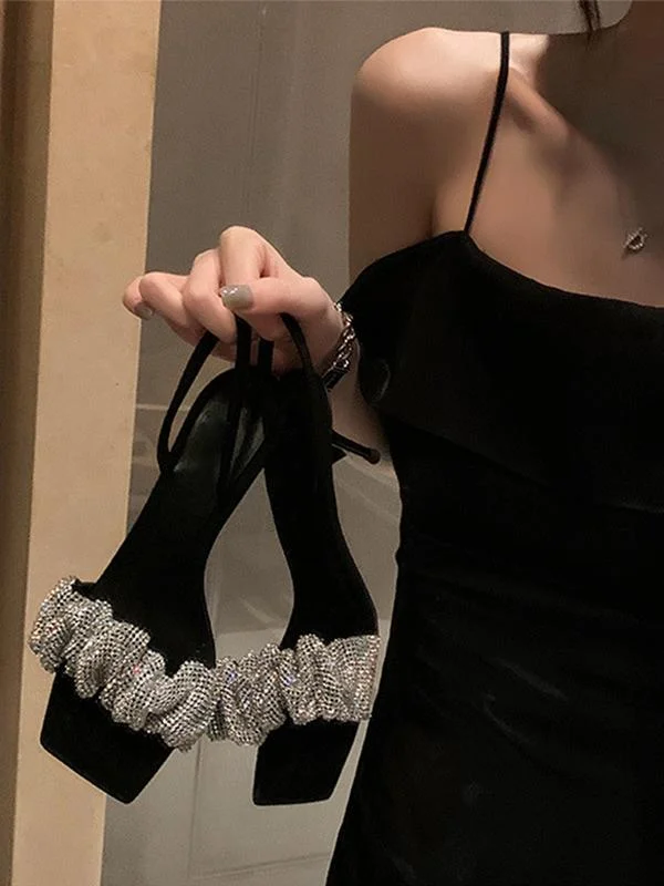 Fashion emotional square toe stiletto sandals with rhinestones