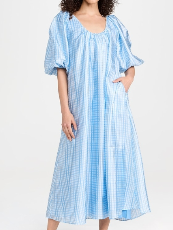 Blue Plaid U-Neck Backless Cross Puffy Sleeves Loose Midi Dress