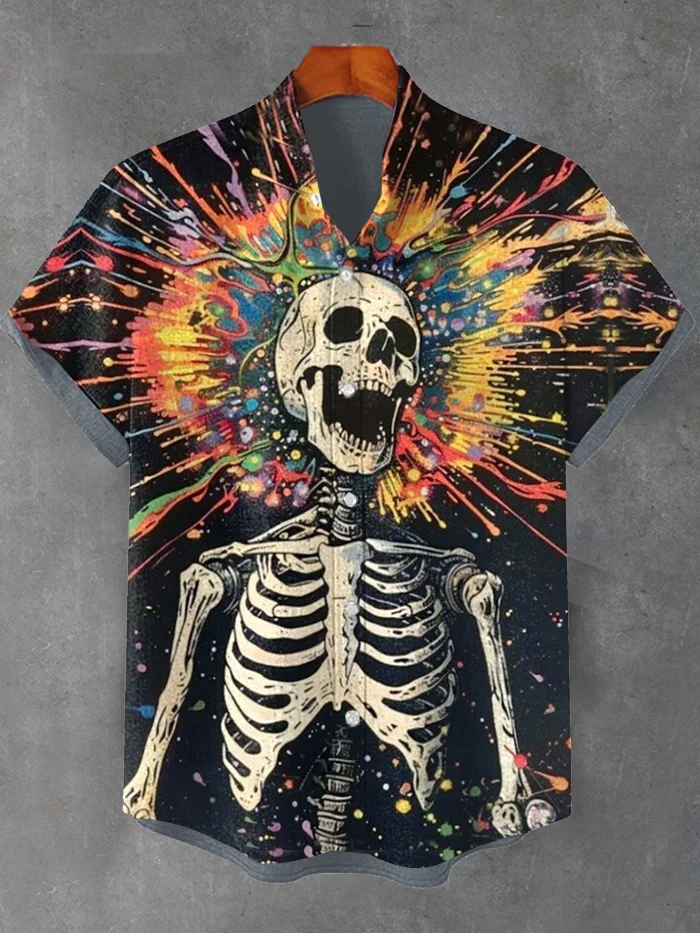 Men's Psychedelic Colorful Fluid Skull Art Casual Shirt