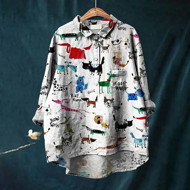 Women's Cute Dog Art Print Casual Cotton And Linen Shirt