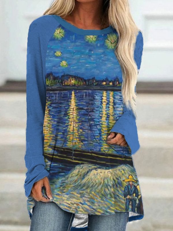 Van Gogh Art Painting Series Long-Sleeve Shirt Dress