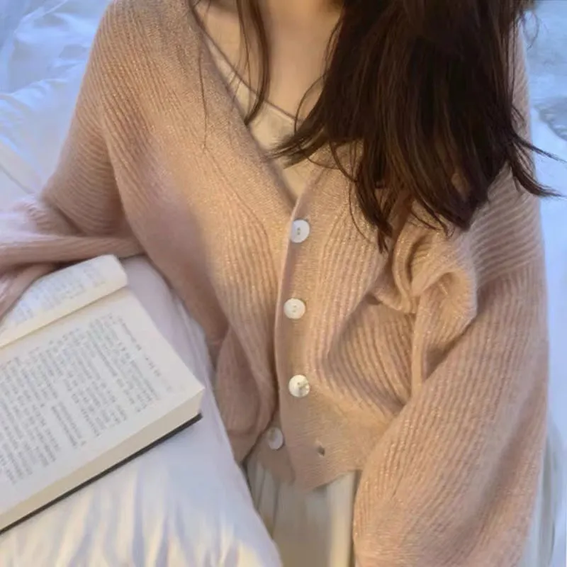 Churchf Churchf And Autumn Soft Soft Waxy Cardigan Female Loose Lazy Wind Fall Shoulder Sweater Coat V Collar Pocket Outside The Sweater Woman