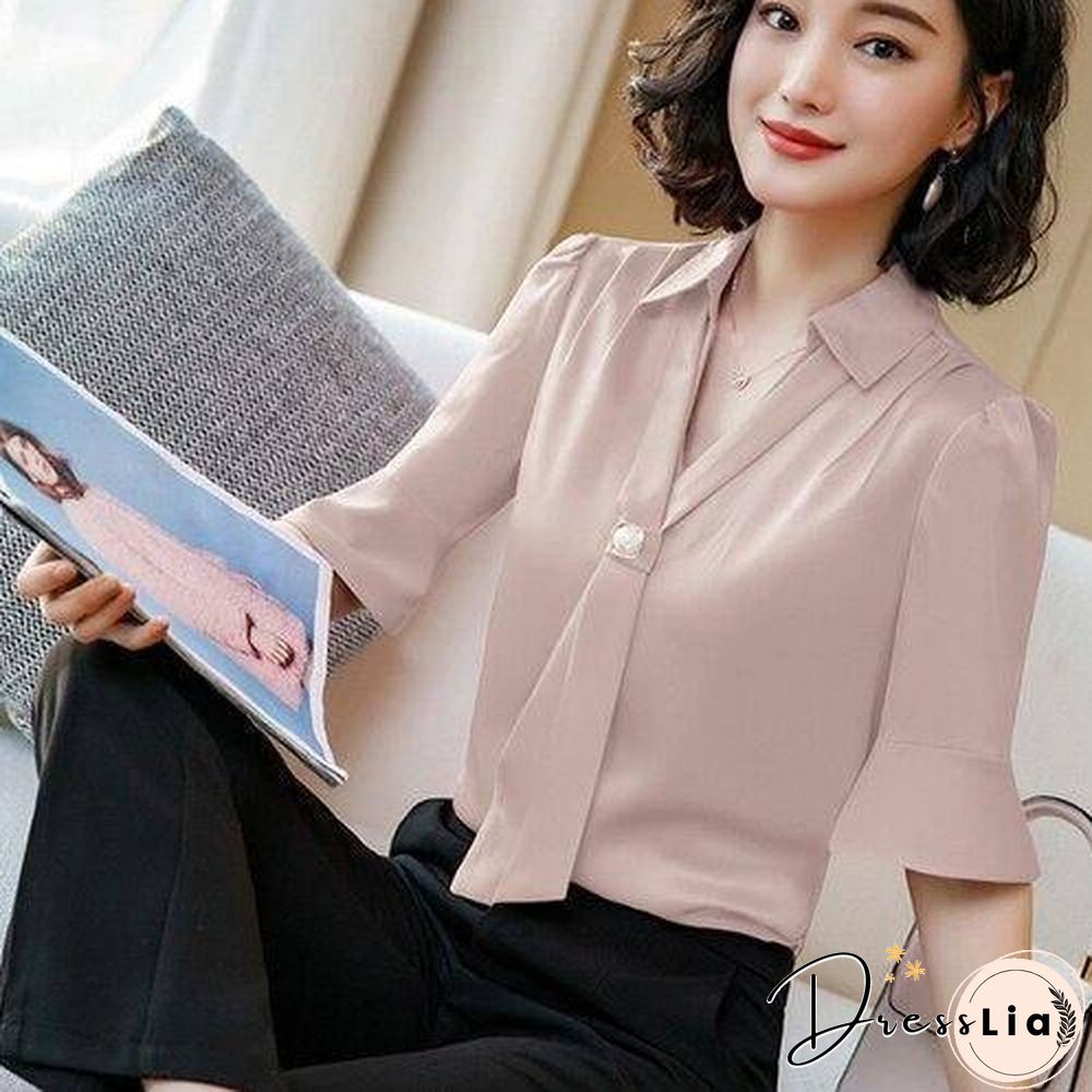 Korean Silk Women Blouses Woman Satin Blouse Tops Plus Size Blusas Mujer De Moda Women V Neck Soild Shirt Top Camisas Mujer