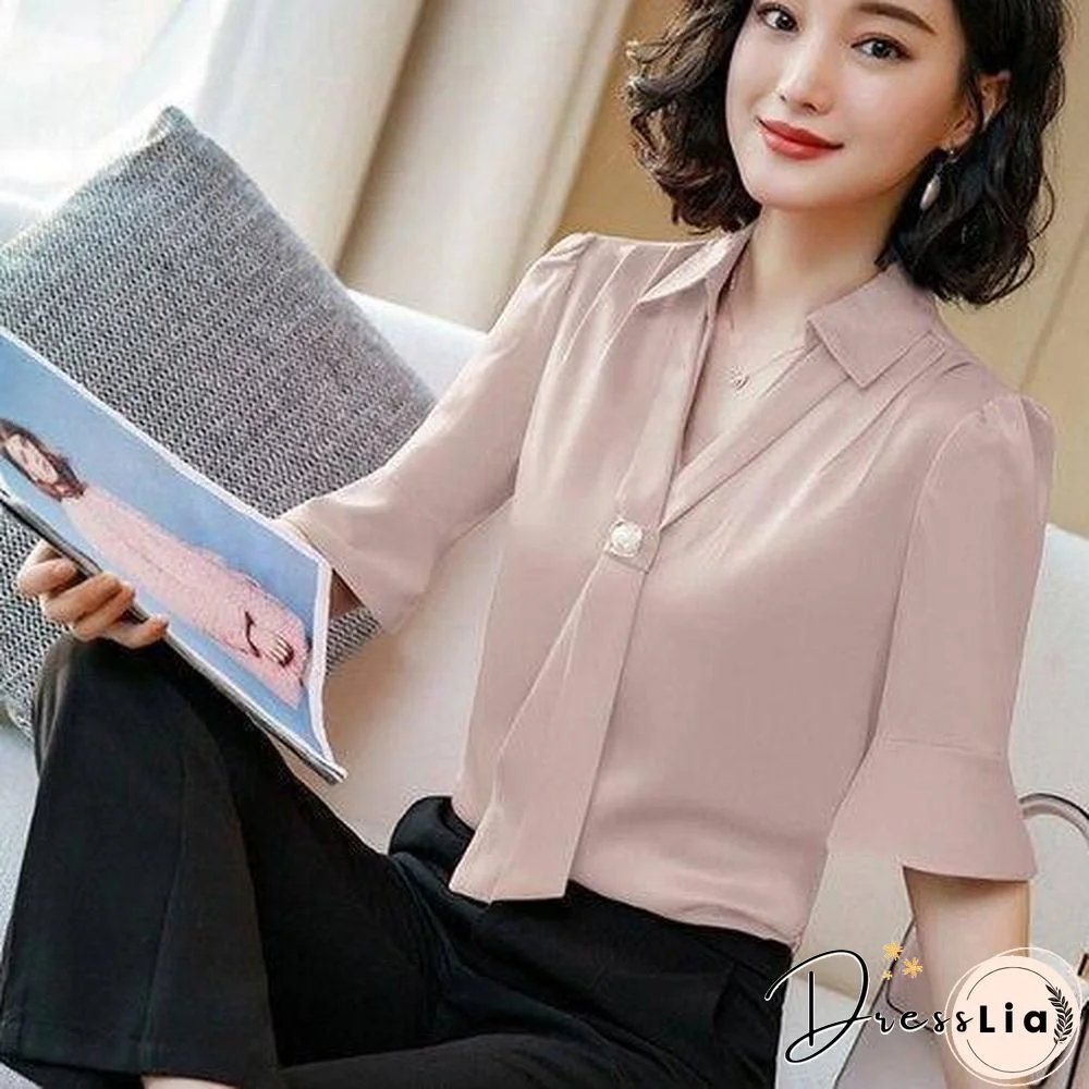 Korean Silk Women Blouses Woman Satin Blouse Tops Plus Size Blusas Mujer De Moda Women V Neck Soild Shirt Top Camisas Mujer